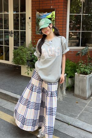 Plaid Patch Embroidery Couples Loose T-Shirt - Spring Summer National Trend Short Sleeve Fashion Top