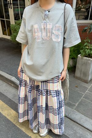 Plaid Patch Embroidery Couples Loose T-Shirt - Spring Summer National Trend Short Sleeve Fashion Top