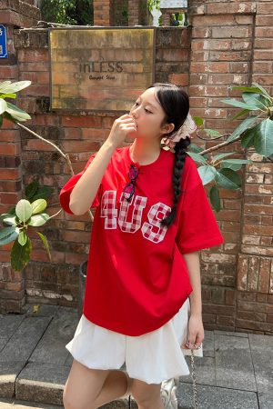 Plaid Patch Embroidery Loose Base T-Shirt for Couples - Spring Summer National Trend Short Sleeve Top