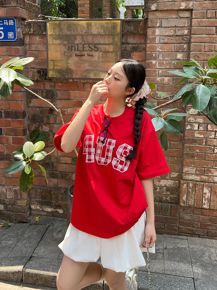 Plaid Patch Embroidery Loose Base T-Shirt for Couples - Spring Summer National Trend Short Sleeve Top Plaid Patch Embroidery Loose Base T-Shirt for Couples - Spring Summer National Trend Short Sleeve Top