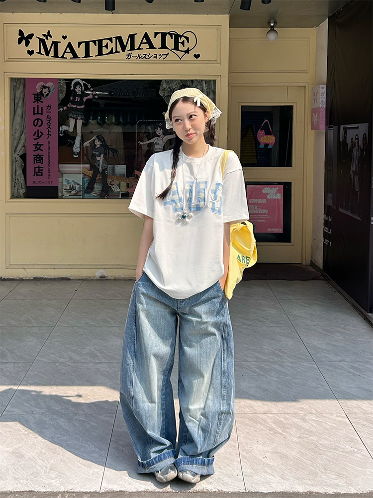 Plaid Patch Embroidery Loose Base T-Shirt for Couples - Spring Summer National Trend Short Sleeve Top Plaid Patch Embroidery Loose Base T-Shirt for Couples - Spring Summer National Trend Short Sleeve Top