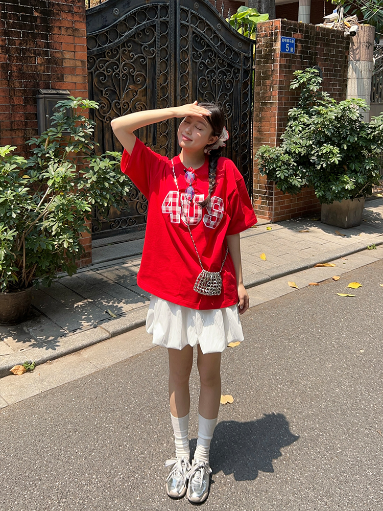 Plaid Patch Embroidery Loose Base T-Shirt for Couples - Spring Summer National Trend Short Sleeve Top Plaid Patch Embroidery Loose Base T-Shirt for Couples - Spring Summer National Trend Short Sleeve Top