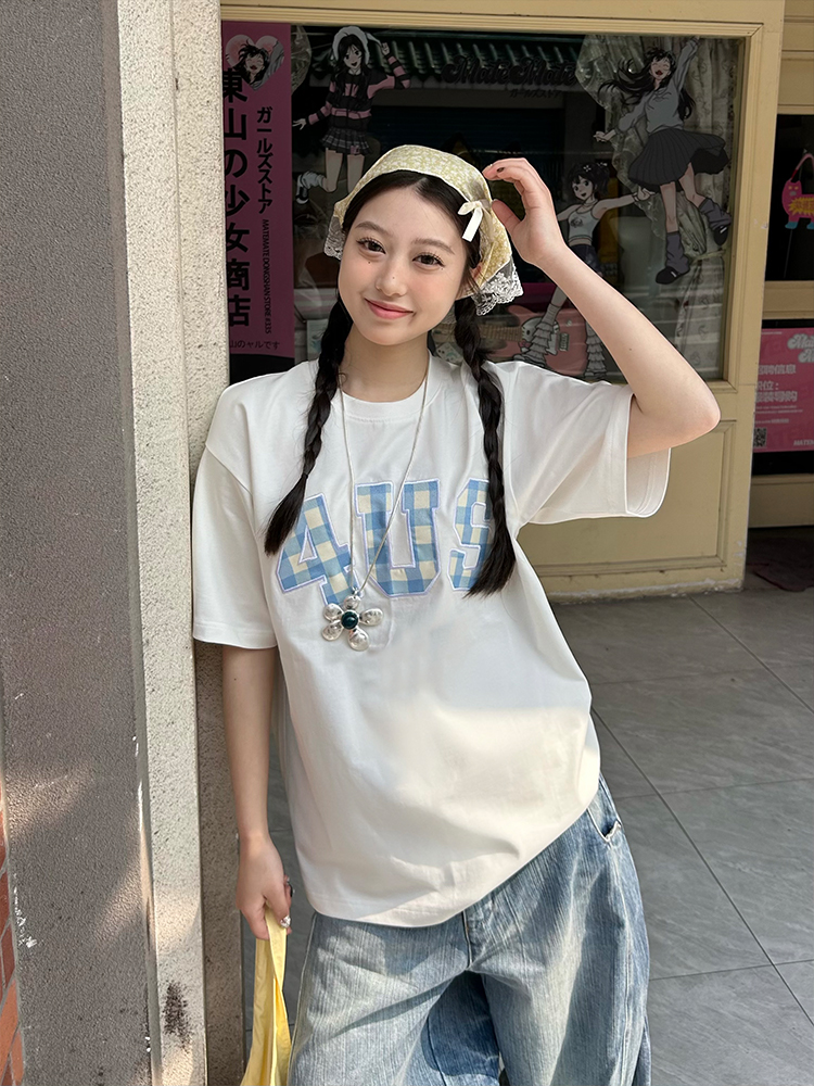 Plaid Patch Embroidery Loose Base T-Shirt for Couples - Spring Summer National Trend Short Sleeve Top Plaid Patch Embroidery Loose Base T-Shirt for Couples - Spring Summer National Trend Short Sleeve Top