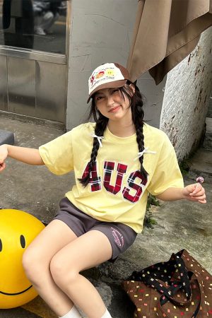 Plaid Patch Embroidery Loose Fit T-Shirt for Couples - Spring Summer National Trend Short Sleeve Top