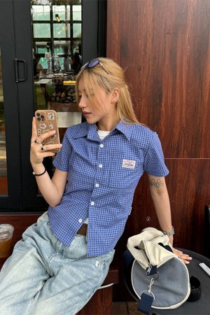 Plaid Short Sleeve Polo Shirt for Women - American High Street Style, Slim Fit, Summer Trendy Top