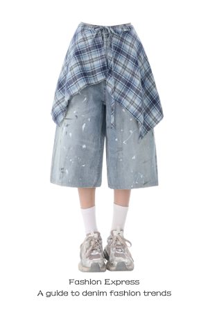 Plaid Split Hem Denim Pants for Women - Summer Color Block Ink Splash Design, Trendy Three-Quarter Length Street Style