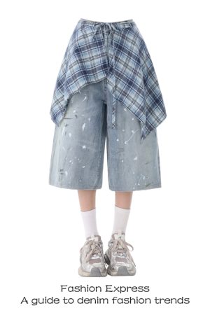 Plaid Split Hem Denim Pants for Women - Summer Color Block Ink Splash Design, Trendy Three-Quarter Length Street Style