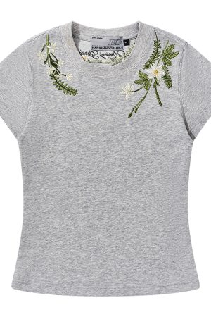 Plant-Themed Floral Embroidery Slim-Fit Round Neck Short Sleeve T-Shirt for Women - Trendy Korean Style Kids Fashion