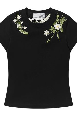 Plant-Themed Floral Embroidery Slim-Fit Round Neck Short Sleeve T-Shirt for Women - Trendy Korean Style Kids Fashion