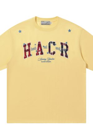 Playful Color-Blocked Checkered Patch Embroidery Loose Couple Short-Sleeve T-Shirt - Trendy Y2K Style for Effortless Vibes