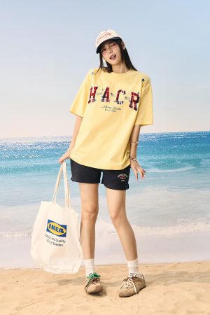 Playful Color-Blocked Checkered Patch Embroidery Loose Couple Short-Sleeve T-Shirt - Trendy Y2K Style for Effortless Vibes