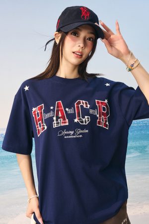 Playful Color-Blocked Checkered Patch Embroidery Loose Couple Short-Sleeve T-Shirt - Trendy Y2K Style for Effortless Vibes