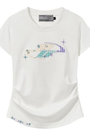 Playful Floral Patchwork Embroidered Pleated Fitted Round Neck Short Sleeve T-Shirt for Women - Y2K Inspired Style