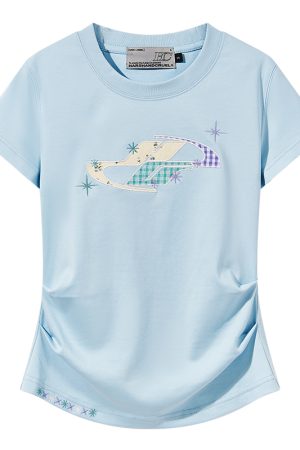 Playful Floral Patchwork Embroidered Pleated Fitted Round Neck Short Sleeve T-Shirt for Women - Y2K Inspired Style