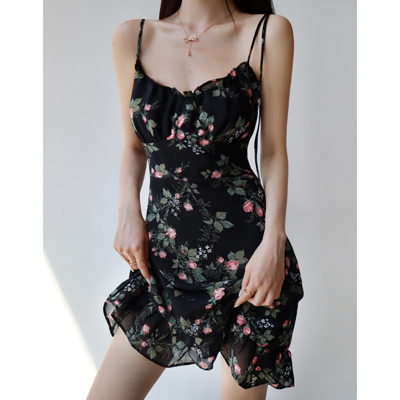 Playful Floral V-Neck Slip Dress - French Style High-Waisted Elastic Tie Long Leg Drape for Effortless Y2K Chic Playful Floral V-Neck Slip Dress - French Style High-Waisted Elastic Tie Long Leg Drape for Effortless Y2K Chic