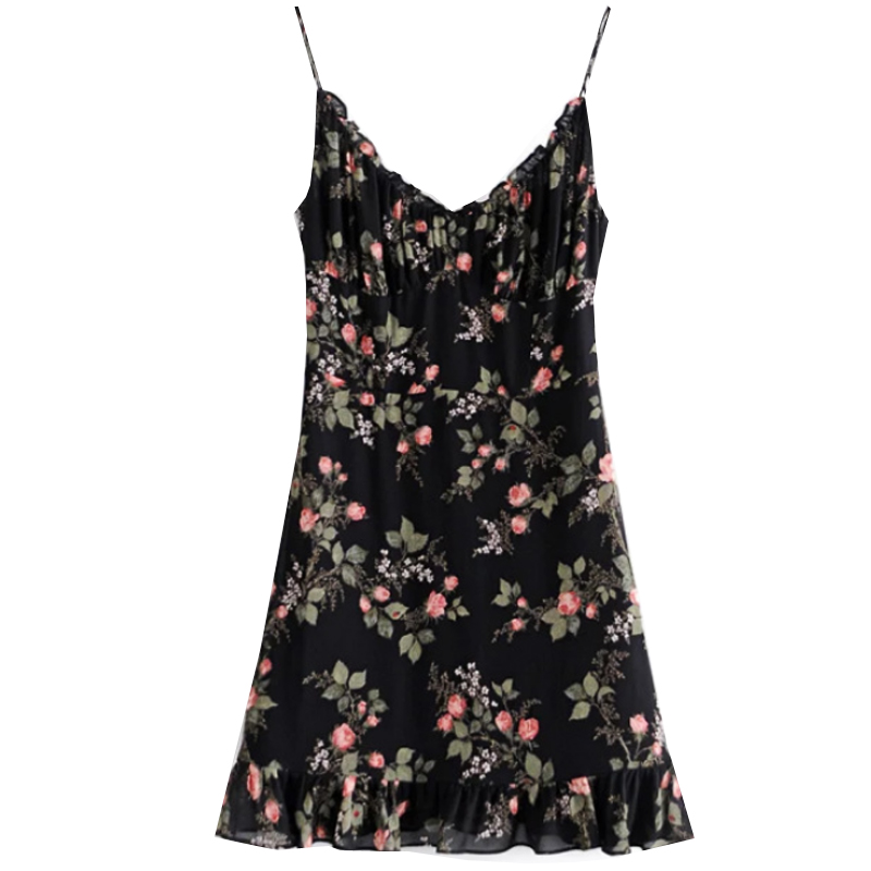 Playful Floral V-Neck Slip Dress - French Style High-Waisted Elastic Tie Long Leg Drape for Effortless Y2K Chic Playful Floral V-Neck Slip Dress - French Style High-Waisted Elastic Tie Long Leg Drape for Effortless Y2K Chic