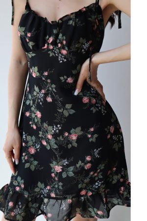 Playful Floral V-Neck Slip Dress - French Style High-Waisted Elastic Tie Long Leg Drape for Effortless Y2K Chic