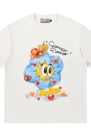 Playful Hand-Painted Apple Tree Print Loose Round Neck Short Sleeve T-Shirt for Men and Women - Casual Unisex Fashion Top