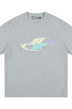 Playful Patchwork Floral Embroidered Loose Short-Sleeve T-Shirt - Energetic National Trend Couple Style, Perfect for Y2K Fashion