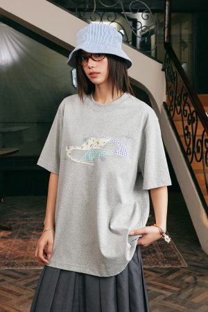 Playful Patchwork Floral Embroidered Loose Short-Sleeve T-Shirt - Energetic National Trend Couple Style, Perfect for Y2K Fashion