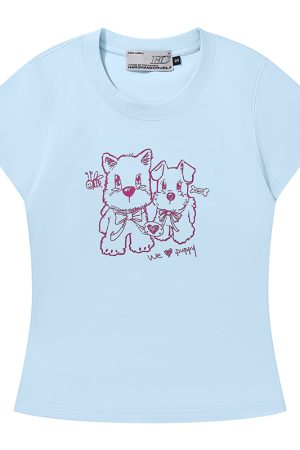 Playful Puppy Hand-Drawn Loose-Fitting Short Sleeve T-Shirt for Couples, Unisex, National Trend, Casual Streetwear