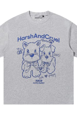 Playful Puppy Hand-Drawn Loose-Fitting Short Sleeve T-Shirt for Couples, Unisex, National Trend, Casual Streetwear