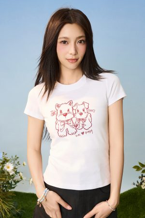 Playful Puppy Hand-Drawn Loose-Fitting Short Sleeve T-Shirt for Couples, Unisex, National Trend, Casual Streetwear