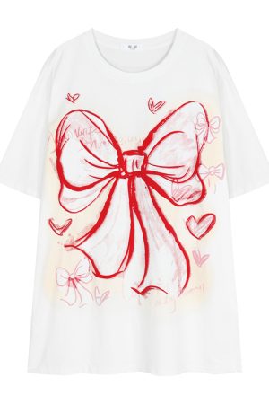 Plus Size American Retro Bow Tie Printed Cotton Short-Sleeve T-Shirt for Women - Loose Mid-Length Casual Style Top