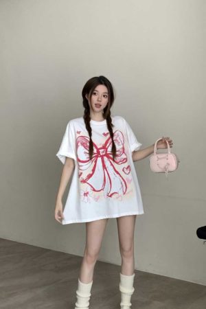 Plus Size American Retro Bow Tie Printed Cotton Short-Sleeve T-Shirt for Women - Loose Mid-Length Casual Style Top