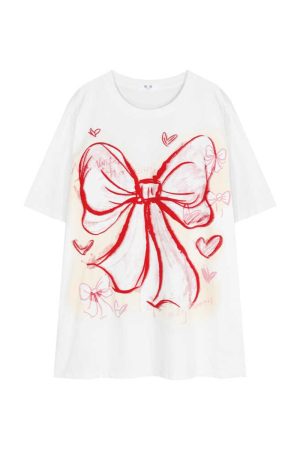 Plus Size American Retro Bow Tie Printed Cotton Short-Sleeve T-Shirt for Women - Loose Mid-Length Casual Style Top