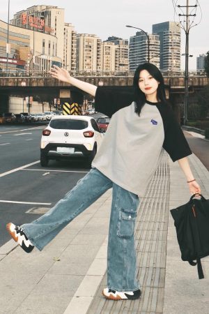 Plus-Size American Retro Color-Block Cotton Short Sleeve T-Shirt for Women, Oversized Raglan Casual Couple Outfit