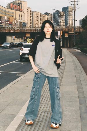 Plus-Size American Retro Color-Block Cotton Short Sleeve T-Shirt for Women, Oversized Raglan Casual Couple Outfit