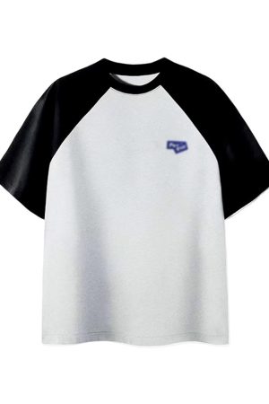 Plus-Size American Retro Color-Block Cotton Short Sleeve T-Shirt for Women, Oversized Raglan Casual Couple Outfit