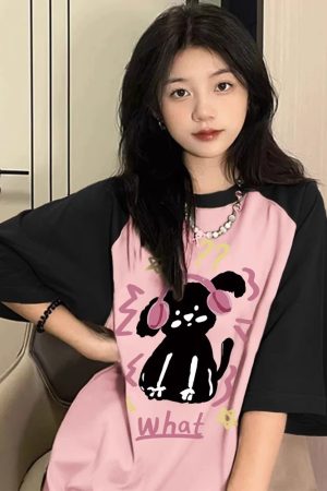 Plus Size American Retro Color-Blocking Cotton Short Sleeve T-Shirt for Women - Niche Couple Raglan Style