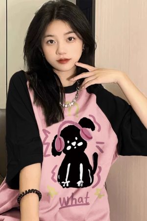 Plus Size American Retro Color-Blocking Cotton Short Sleeve T-Shirt for Women - Niche Couple Raglan Style