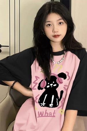 Plus Size American Retro Color-Blocking Cotton Short Sleeve T-Shirt for Women - Niche Couple Raglan Style