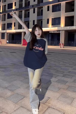 Plus Size American Retro Color-Blocking Raglan Short Sleeve T-Shirt for Women - Trendy Loose Fit Cotton Top