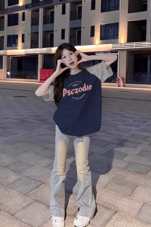 Plus Size American Retro Color-Blocking Raglan Short Sleeve T-Shirt for Women - Trendy Loose Fit Cotton Top