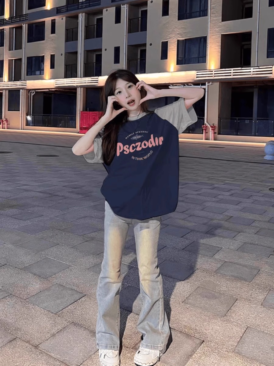 Plus Size American Retro Color-Blocking Raglan Short Sleeve T-Shirt for Women - Trendy Loose Fit Cotton Top Plus Size American Retro Color-Blocking Raglan Short Sleeve T-Shirt for Women - Trendy Loose Fit Cotton Top