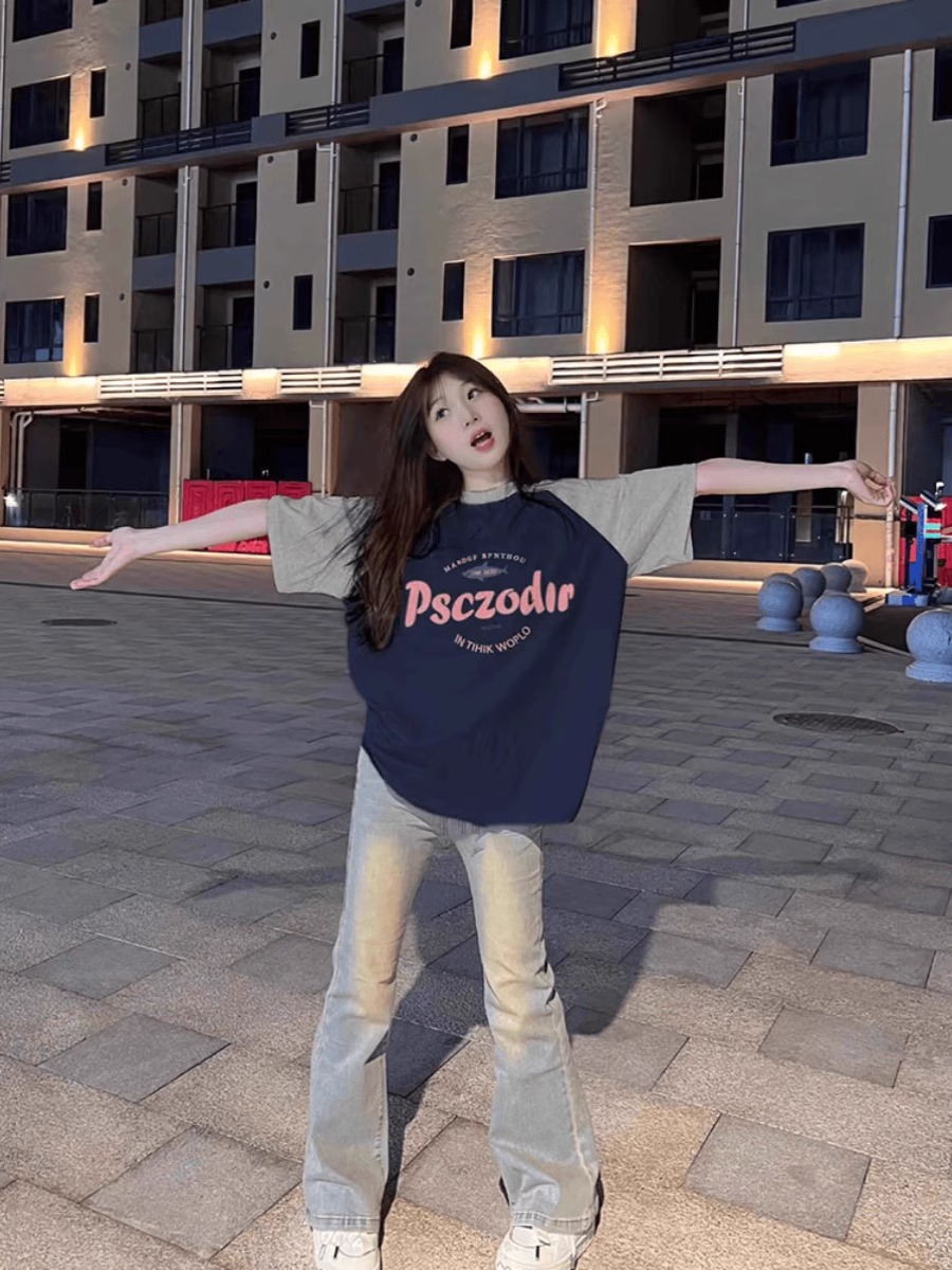 Plus Size American Retro Color-Blocking Raglan Short Sleeve T-Shirt for Women - Trendy Loose Fit Cotton Top Plus Size American Retro Color-Blocking Raglan Short Sleeve T-Shirt for Women - Trendy Loose Fit Cotton Top