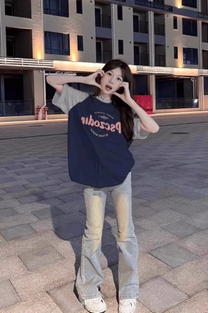 Plus Size American Retro Color-Blocking Raglan Short Sleeve T-Shirt for Women - Trendy Loose Fit Cotton Top