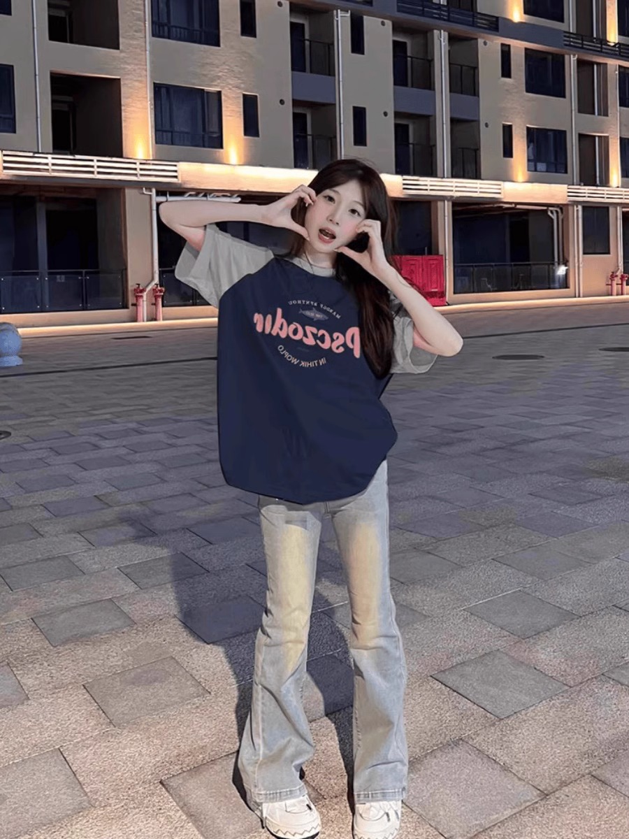 Plus Size American Retro Color-Blocking Raglan Short Sleeve T-Shirt for Women - Trendy Loose Fit Cotton Top Plus Size American Retro Color-Blocking Raglan Short Sleeve T-Shirt for Women - Trendy Loose Fit Cotton Top