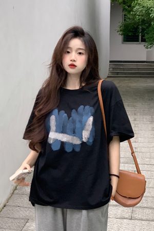 Plus Size American Retro Cotton Short Sleeve T-Shirt for Men & Women, Loose Oversized Black Couple Top - Y2K Style