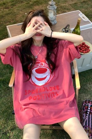 Plus Size American Retro Strawberry Bear Printed Cotton Short Sleeve T-Shirt for Women - Loose Fit Mid-Length Couple Top