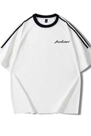 Plus Size American Retro Three-Stripe Cotton Short Sleeve T-Shirt for Women - Chic Loose Fit Hong Kong Style Top