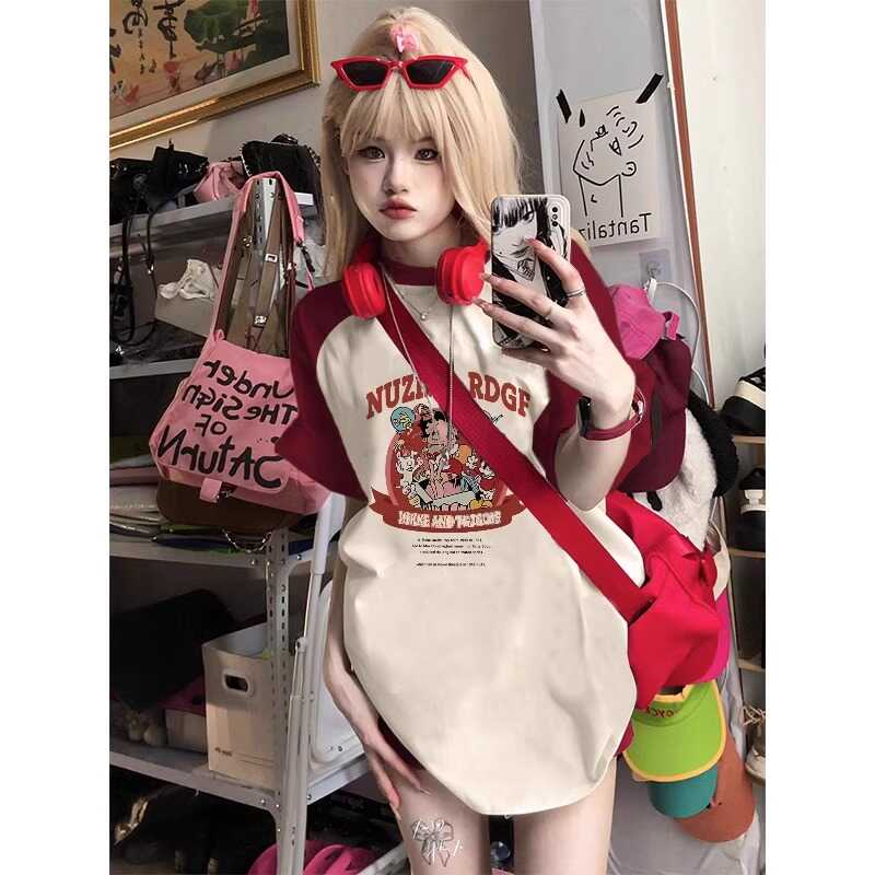 Plus Size American Retro Wine Red Raglan Sleeve Short Sleeve T-Shirt - Trendy Loose Fit Dopamine Style for Women Plus Size American Retro Wine Red Raglan Sleeve Short Sleeve T-Shirt - Trendy Loose Fit Dopamine Style for Women