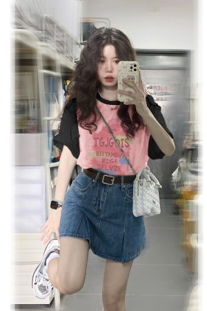 Plus Size Black and Pink Color-Block Half Sleeve T-Shirt - American Retro Sweet Style, Loose Fit, Cotton for Women