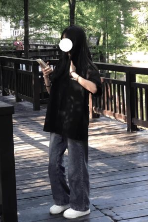 Plus Size Black Cotton Short Sleeve T-Shirt for Women - Trendy Loose Fit American Street Style College Top