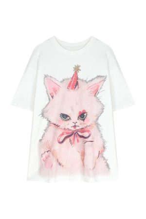 Plus Size Cat Print Mid-Length T-Shirt for Women - Round Neck, Short Sleeve, Loose Casual, Korean Style Cotton Top