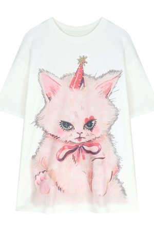 Plus Size Cat Print Mid-Length T-Shirt for Women - Round Neck, Short Sleeve, Loose Casual, Korean Style Cotton Top
